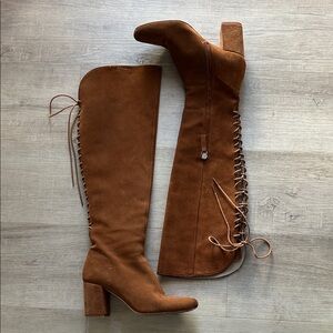 Zara Tan Knee High Suede Boots with Lace Up Back